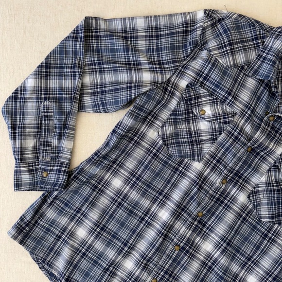 Wrangler Mens Blue Plaid Pearl Snap Western Work Shirt Large - Picture 9 of 11